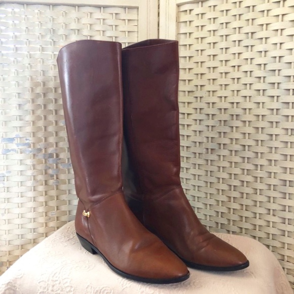 Etienne Aigner Dark Tan Leather Tall Equestrian Boots 8W